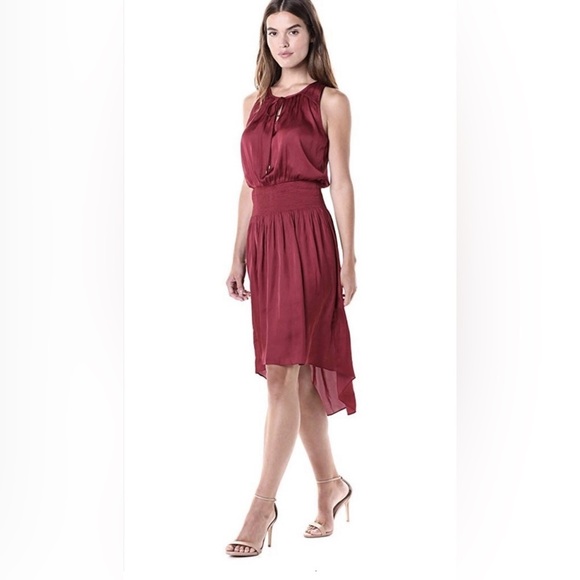 Halston Heritage Dresses & Skirts - Halston Heritage Sleeveless Smocked Waist High Low Dress Ruby Maroon Small